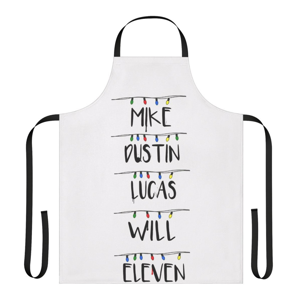 Stranger Things themed apron with characters Mike, Lucas, Dustin, and Eleven