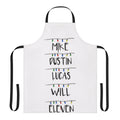 Stranger Things themed apron with characters Mike, Lucas, Dustin, and Eleven