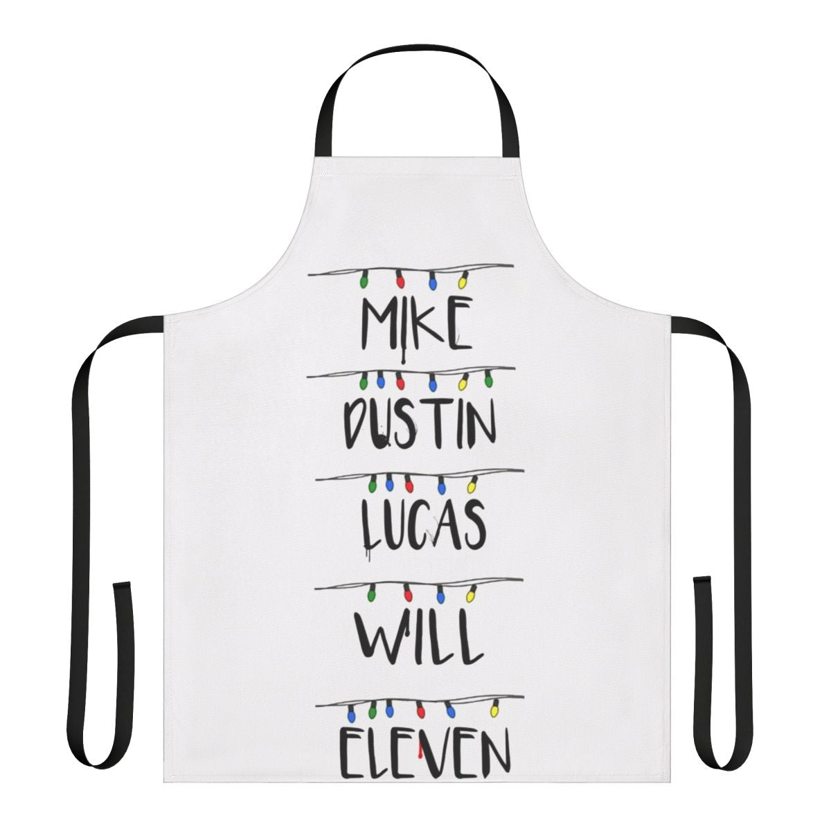 Stranger Things themed apron with characters Mike, Lucas, Dustin, and Eleven