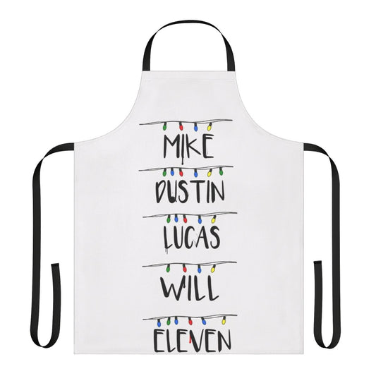 Stranger Things themed apron with characters Mike, Lucas, Dustin, and Eleven