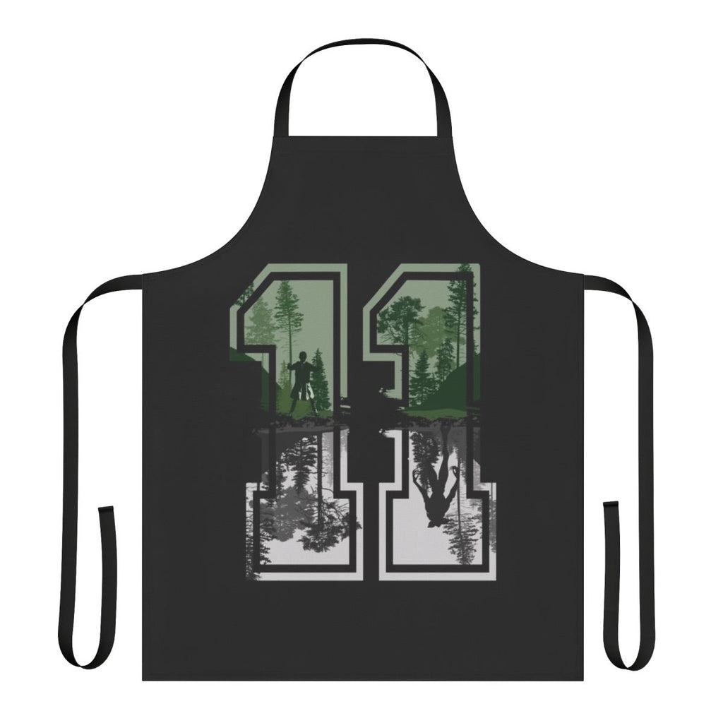 Eleven from Stranger Things wearing a retro-style apron with the series logo