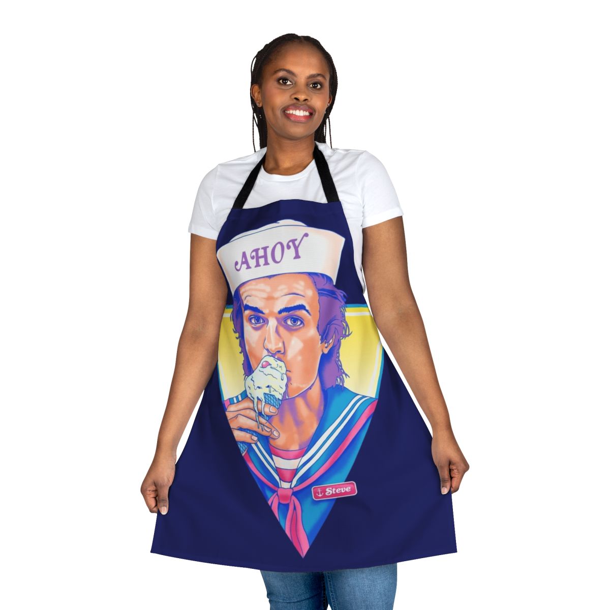 Apron featuring an illustration of Steve Harrington from the Netflix series Stranger Things