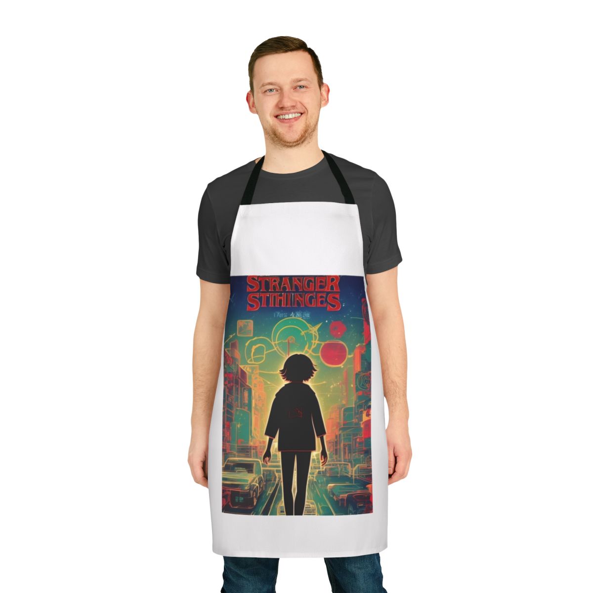 Stranger Things-themed apron with Upside Down and Hawkins design
