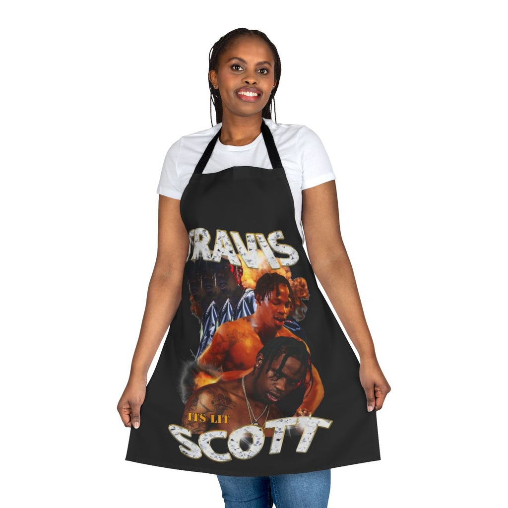 Model wearing a stylish white t-shirt apron with urban fashion design