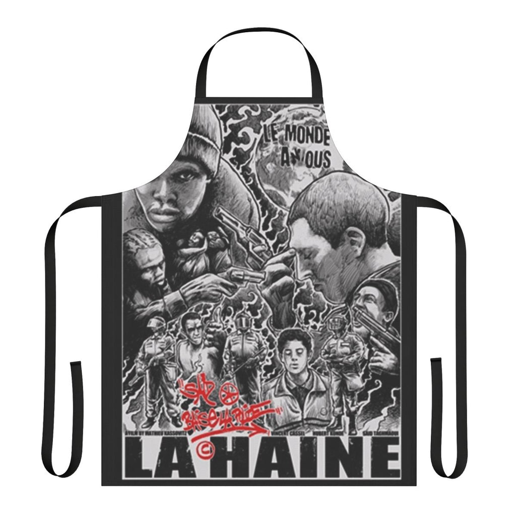 Urban French film-inspired apron with text and graphic design
