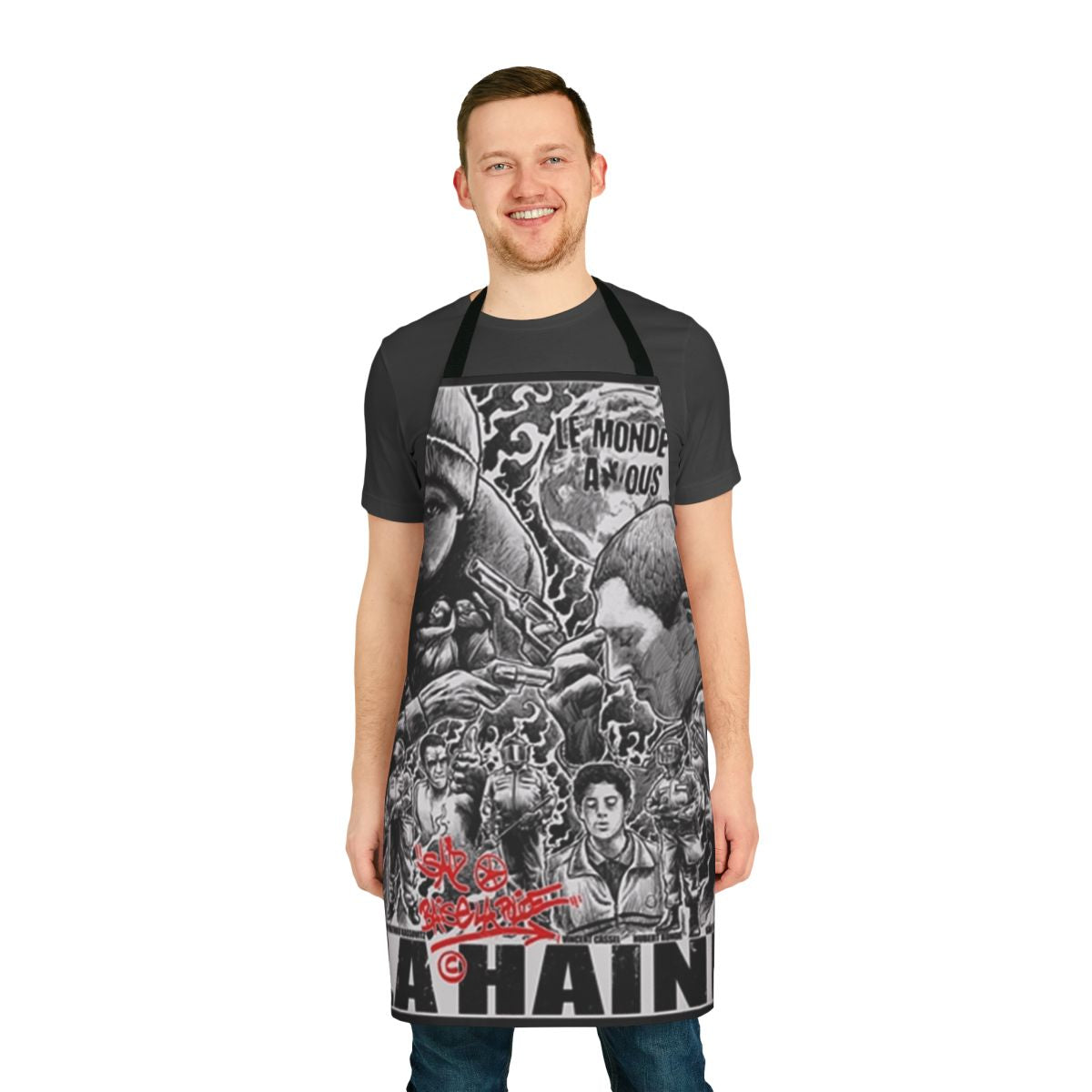 Urban French film-inspired apron with text and graphic design