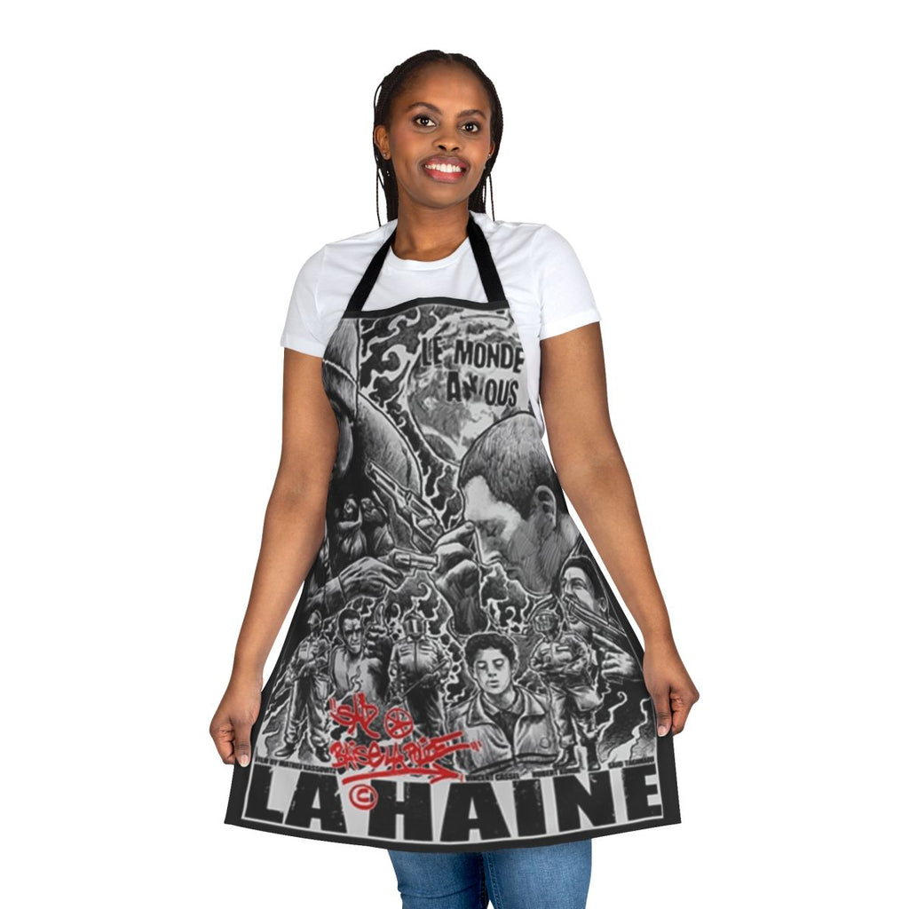 Urban French film-inspired apron with text and graphic design