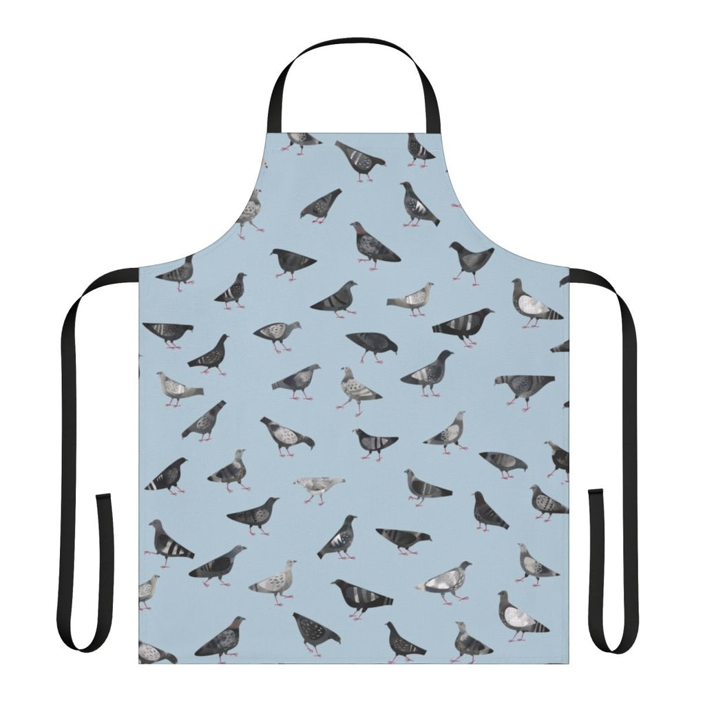 An apron featuring a pattern of grey pigeons or doves in an urban setting.