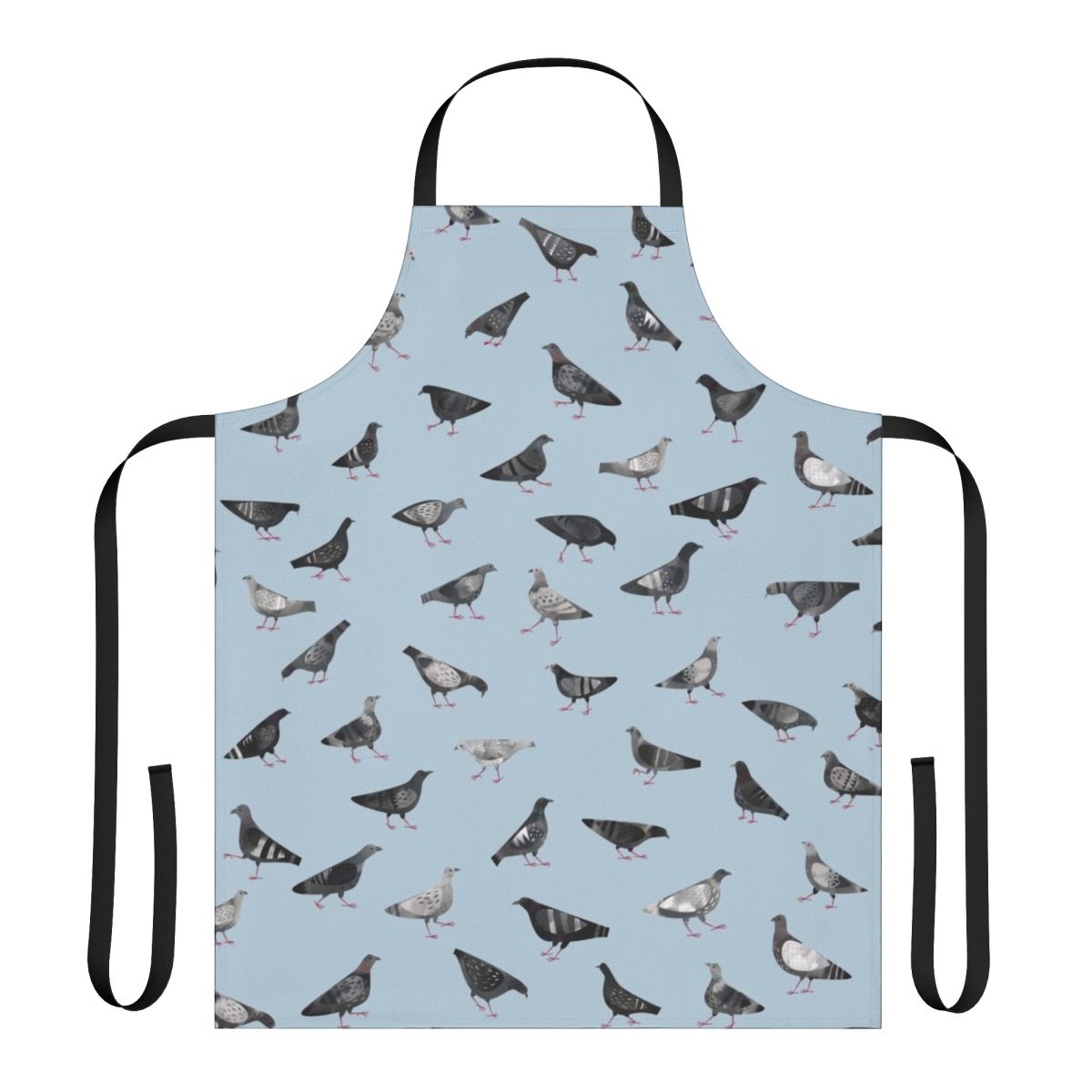 An apron featuring a pattern of grey pigeons or doves in an urban setting.