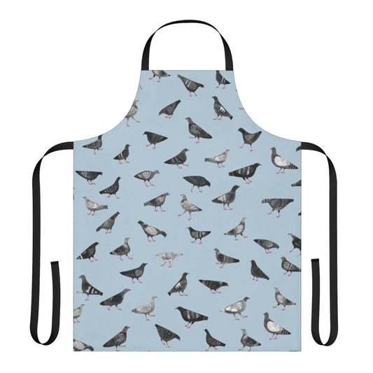 An apron featuring a pattern of grey pigeons or doves in an urban setting.