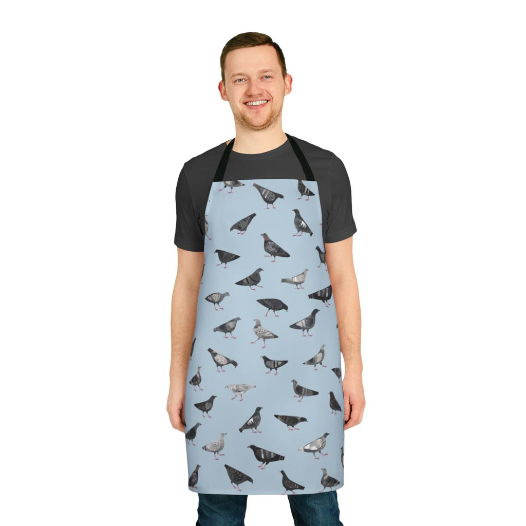 An apron featuring a pattern of grey pigeons or doves in an urban setting.