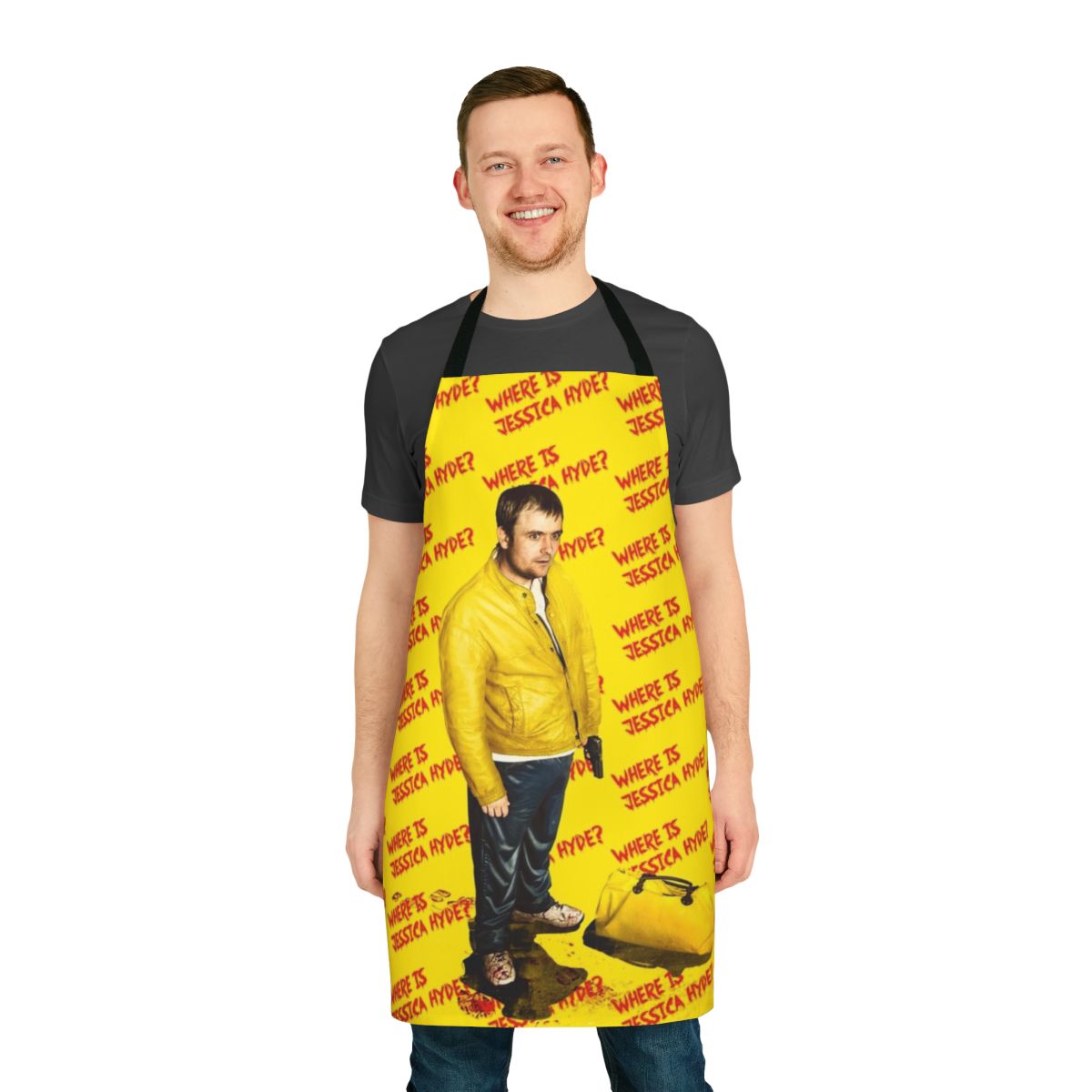 Utopia TV series-inspired apron with stylized graphics