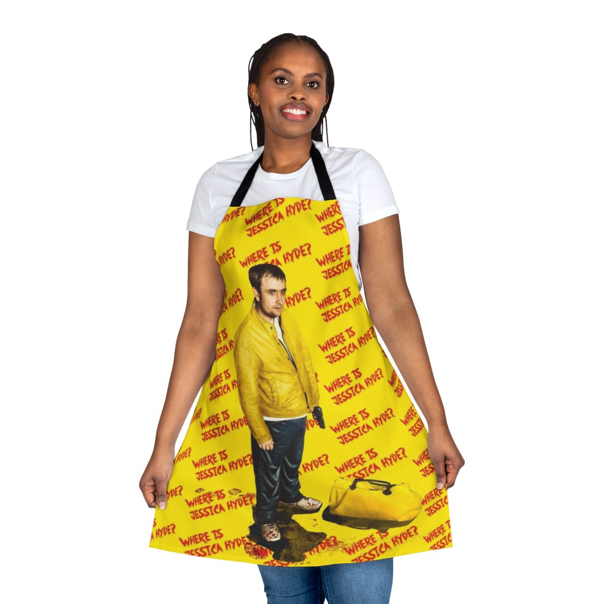 Utopia TV series-inspired apron with stylized graphics