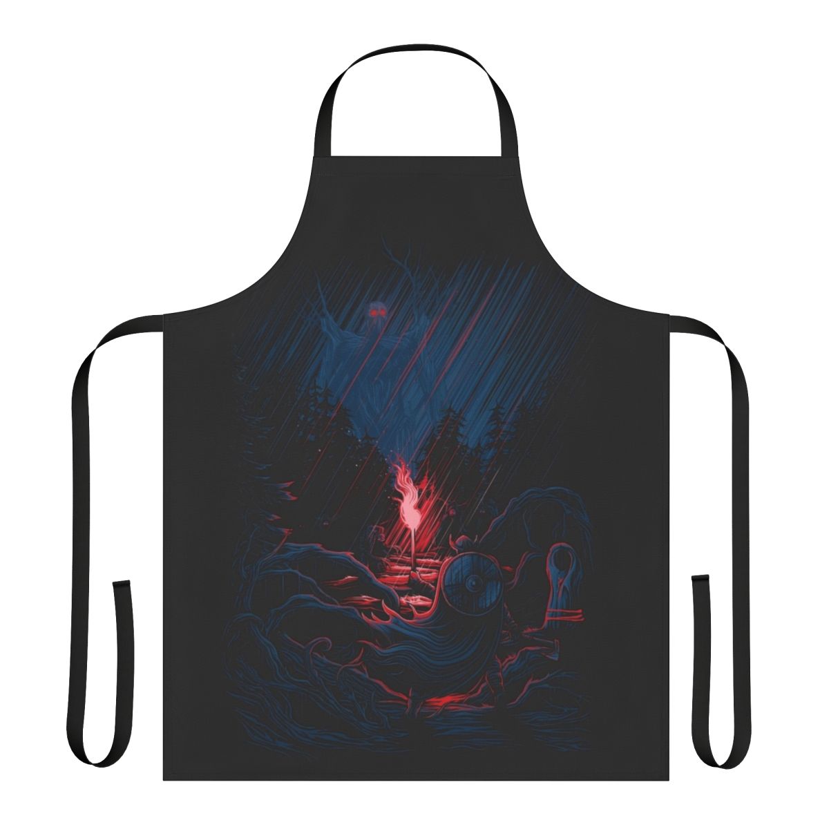 Valheim-inspired apron with fantasy-inspired linework design featuring axe, shield, and storm motifs.