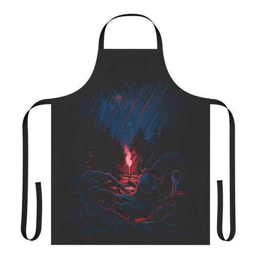 Valheim-inspired apron with fantasy-inspired linework design featuring axe, shield, and storm motifs.