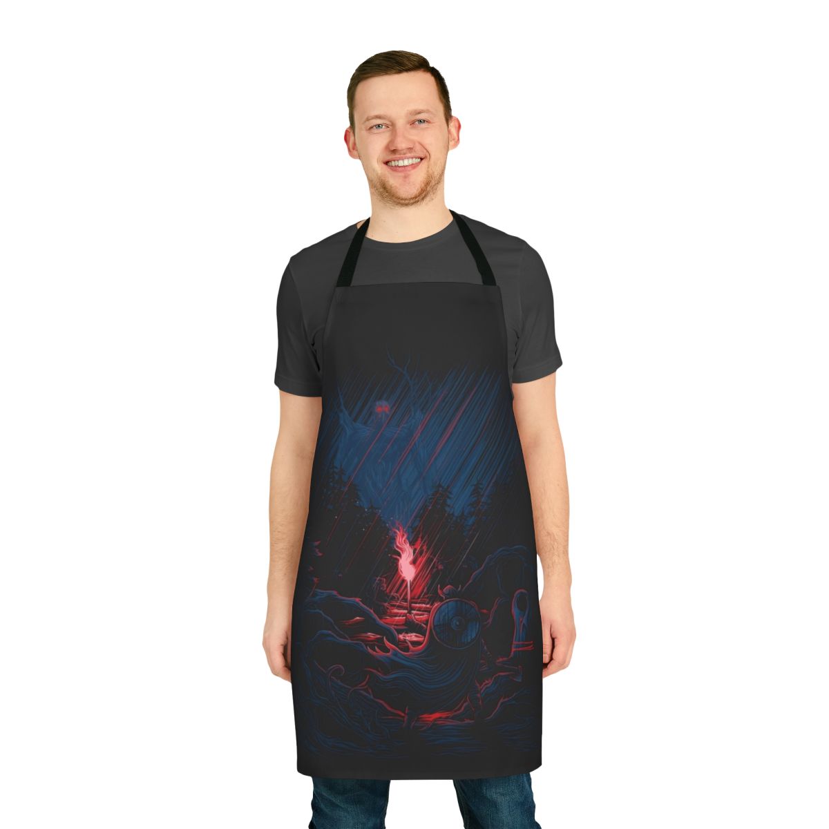 Valheim-inspired apron with fantasy-inspired linework design featuring axe, shield, and storm motifs.