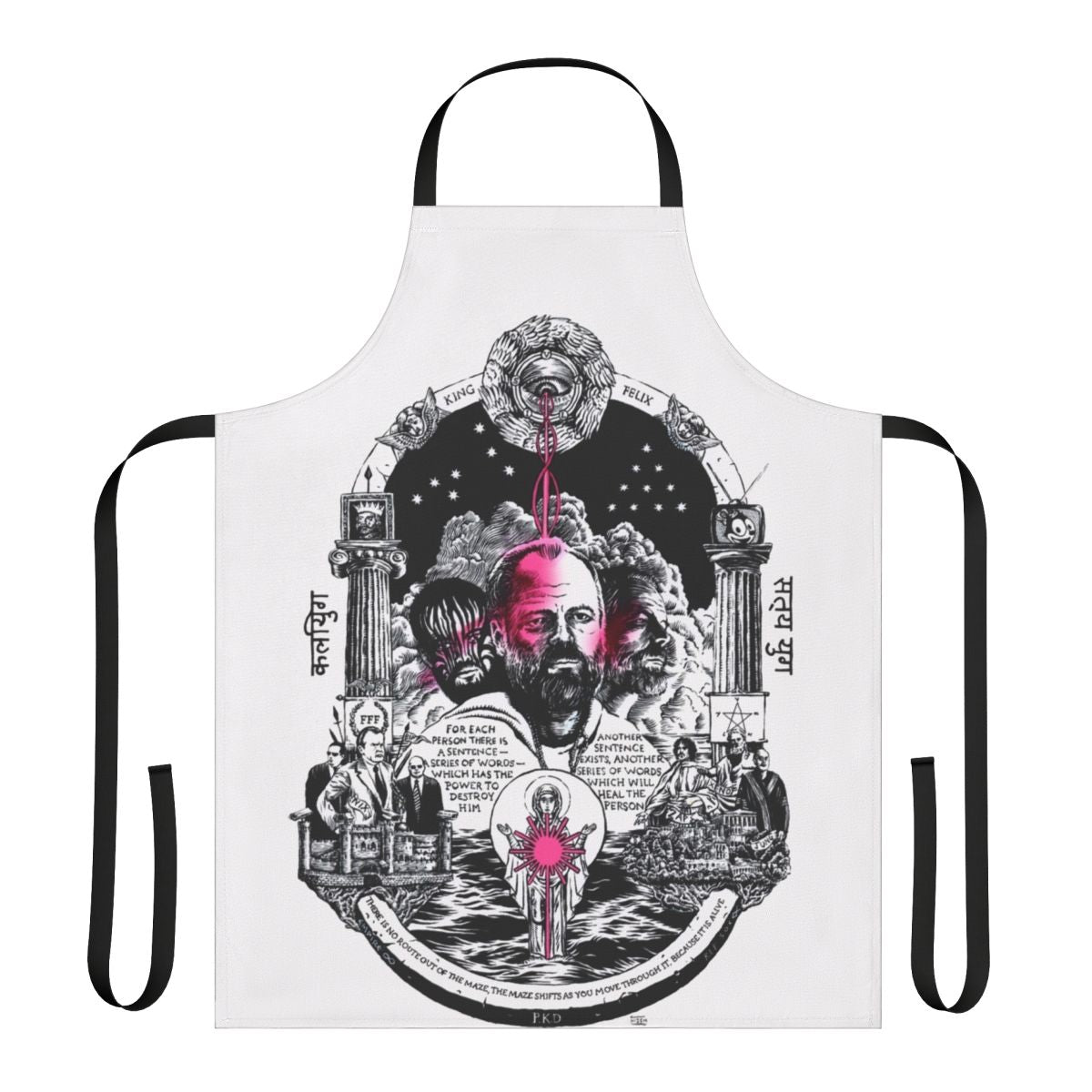 VALIS-inspired cyberpunk dystopian apron with sci-fi and Philip K. Dick themes