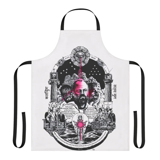 VALIS-inspired cyberpunk dystopian apron with sci-fi and Philip K. Dick themes