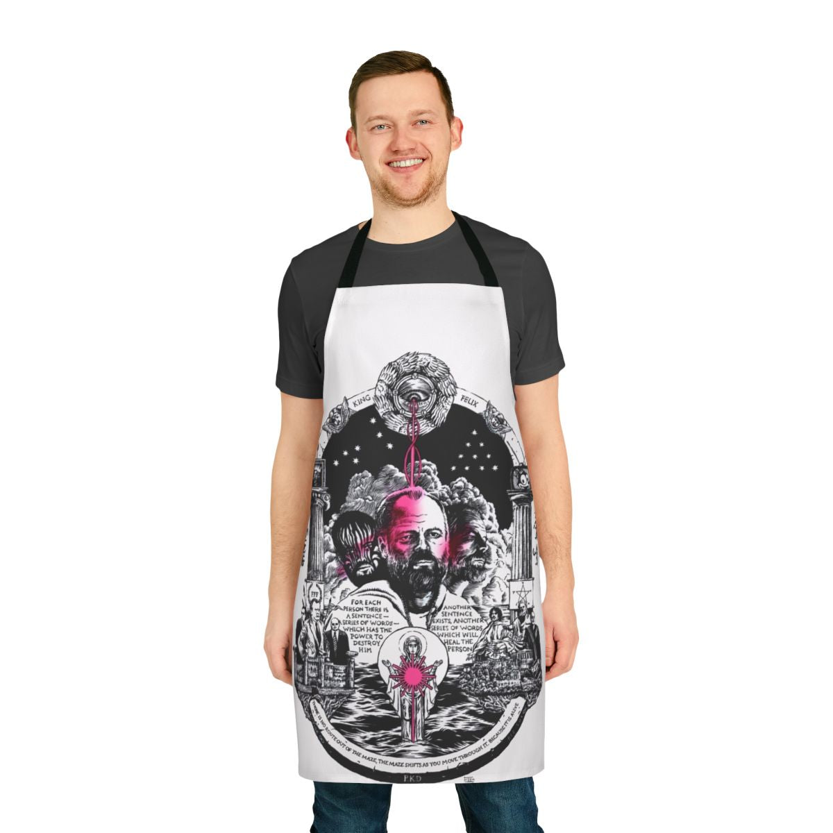 VALIS-inspired cyberpunk dystopian apron with sci-fi and Philip K. Dick themes
