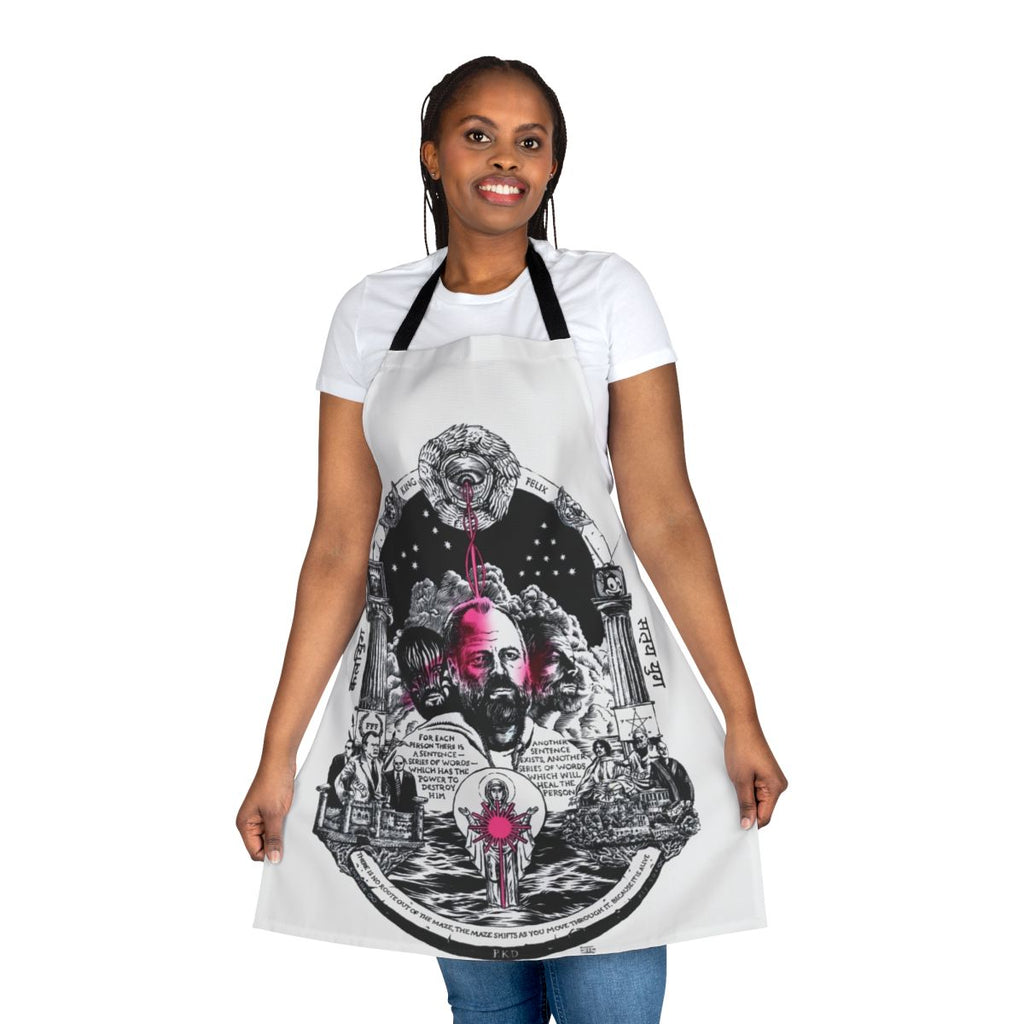 VALIS-inspired cyberpunk dystopian apron with sci-fi and Philip K. Dick themes