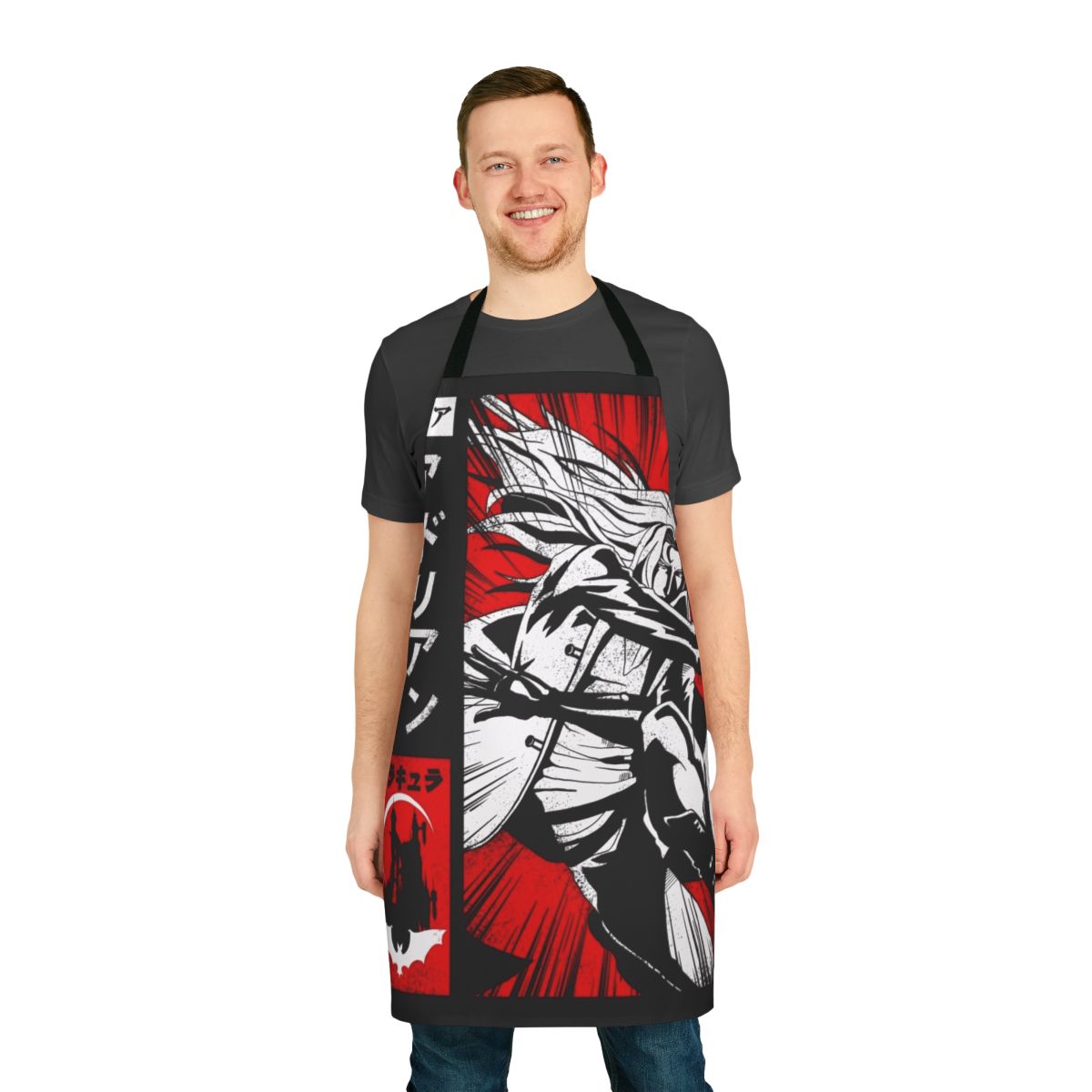 Vampire Alucard-inspired apron featuring a gothic, dark fantasy design