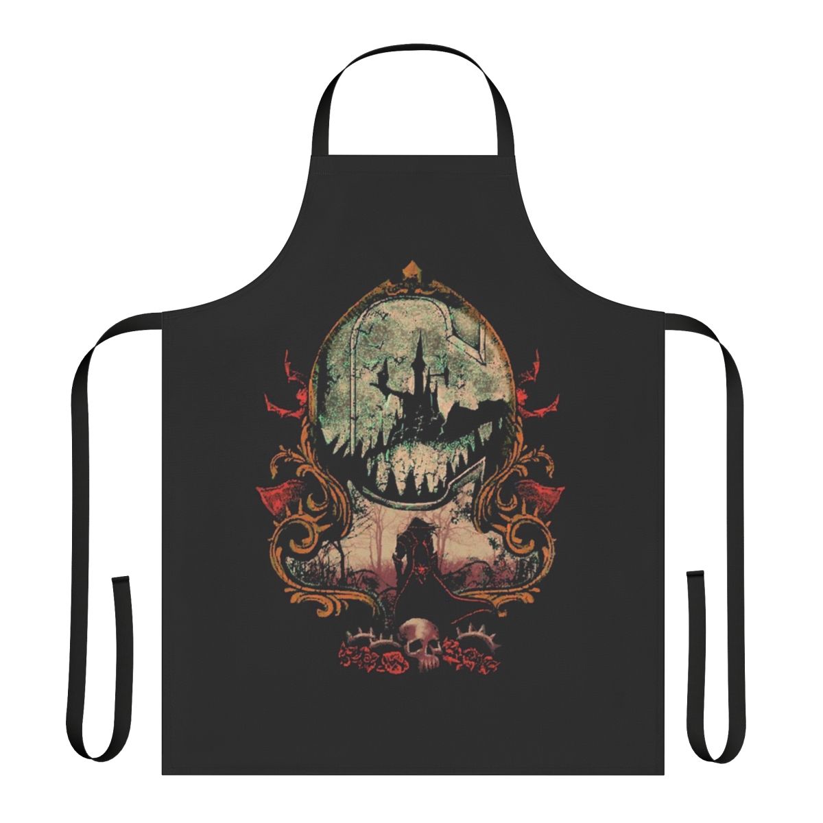 A black apron with a Castlevania-style vampire hunter design, perfect for gaming and cooking enthusiasts.