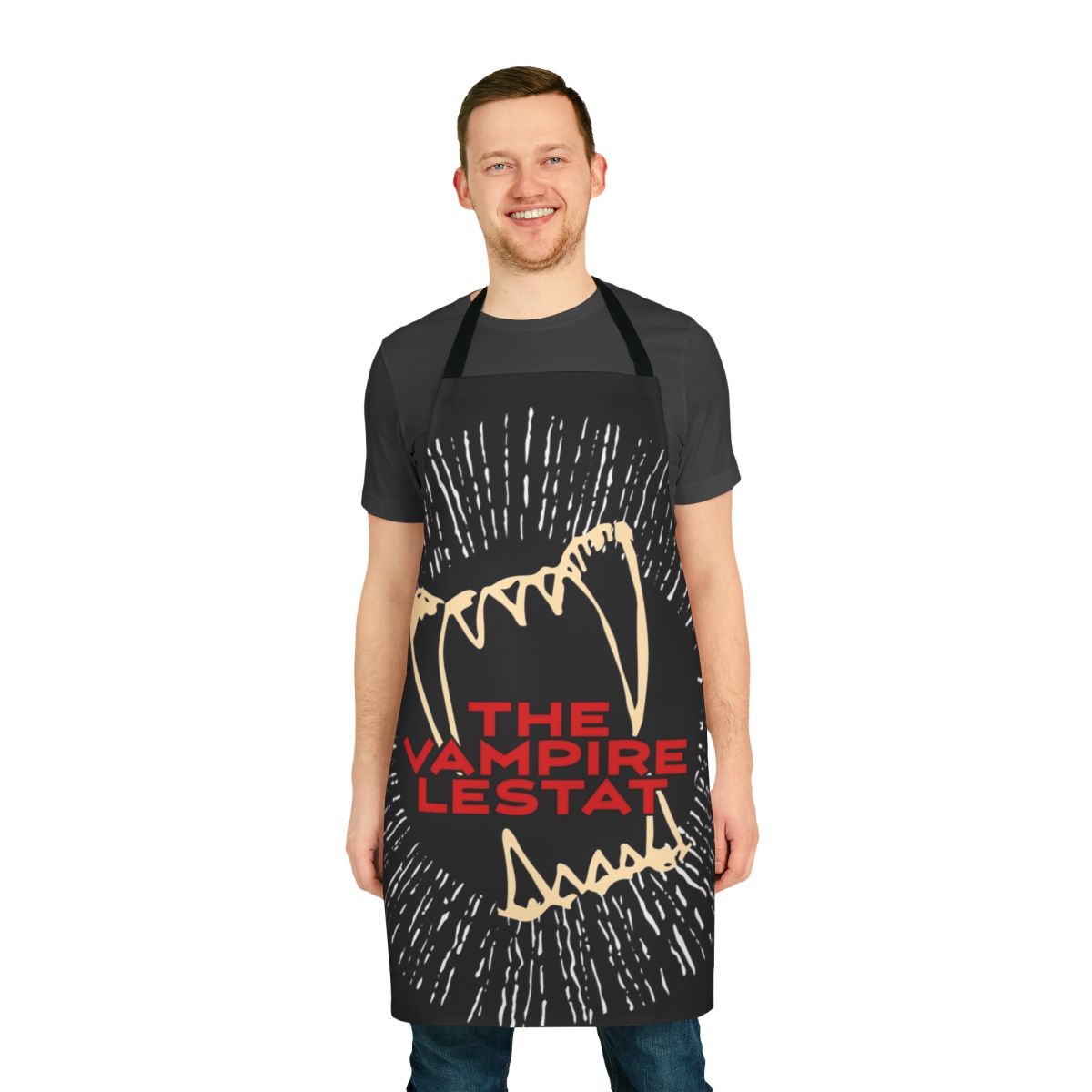 Stylized vampire band logo design printed on a high-quality apron