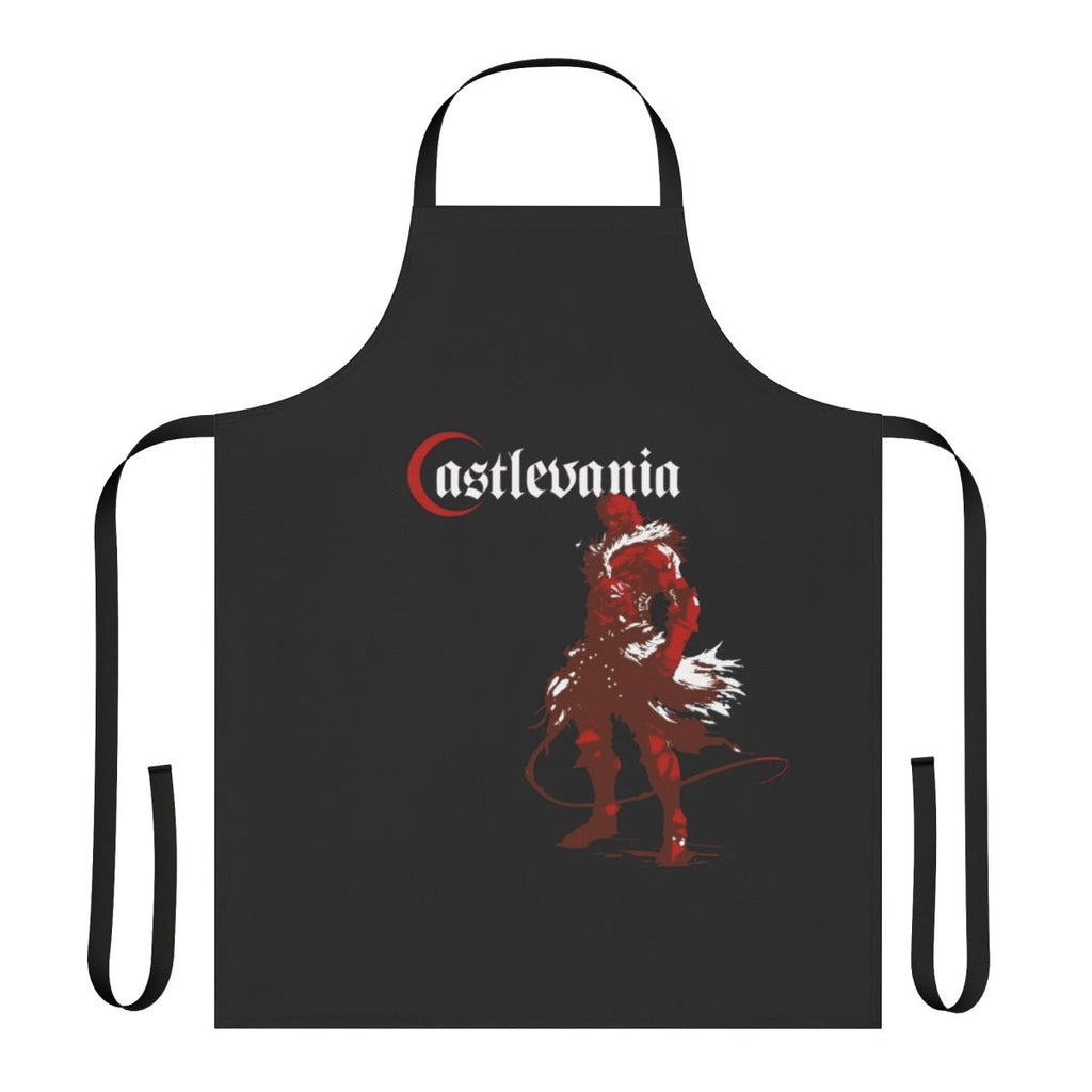 A black apron with a vampire hunter design, perfect for fans of the Castlevania video game series.