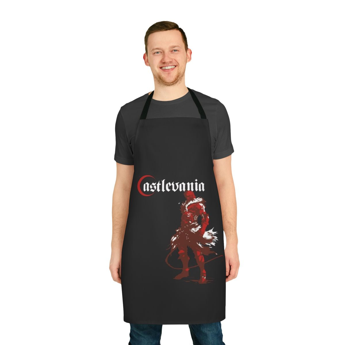A black apron with a vampire hunter design, perfect for fans of the Castlevania video game series.