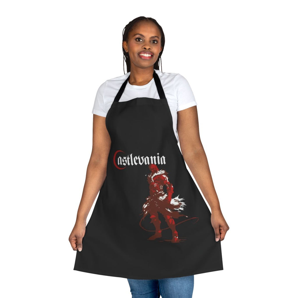 A black apron with a vampire hunter design, perfect for fans of the Castlevania video game series.