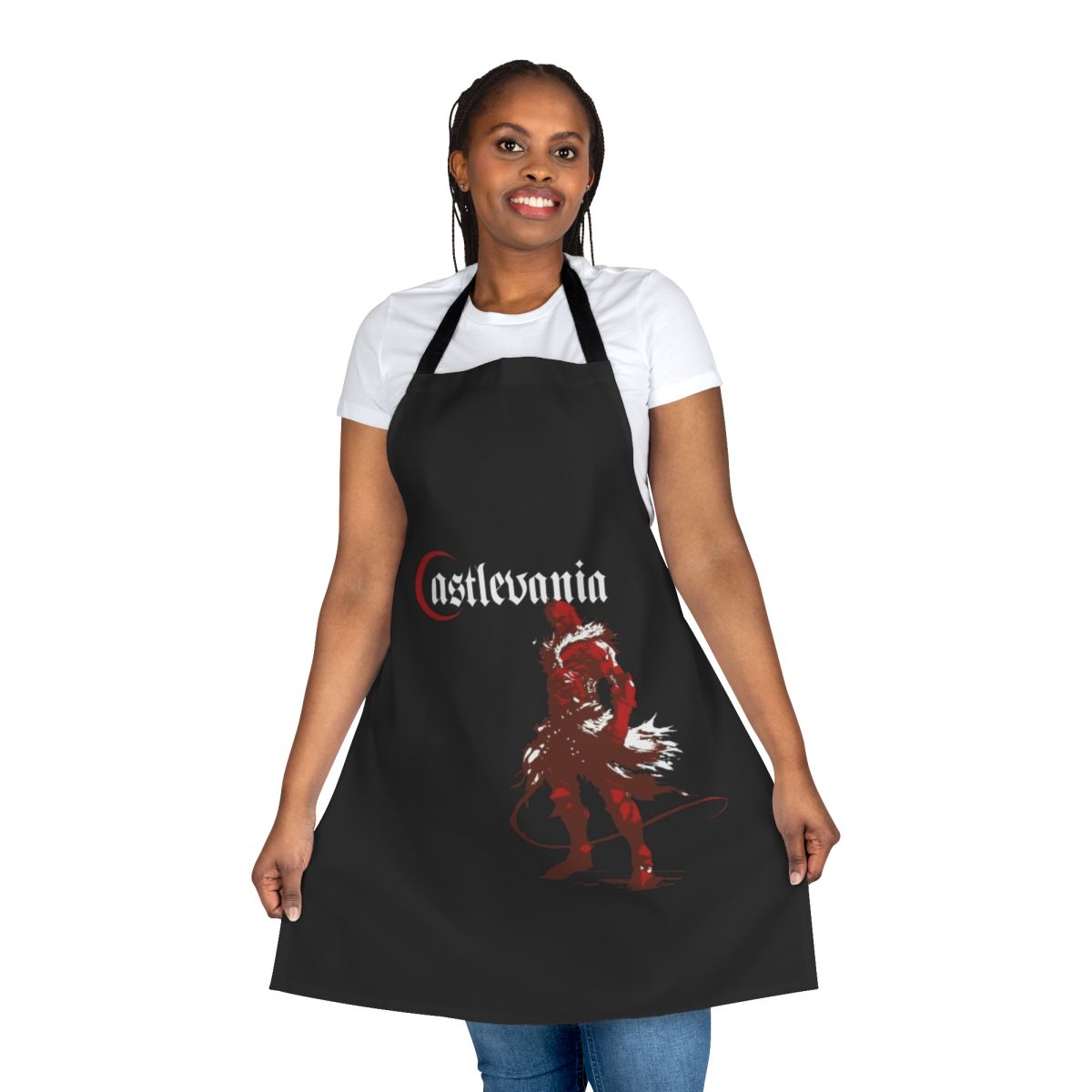 A black apron with a vampire hunter design, perfect for fans of the Castlevania video game series.