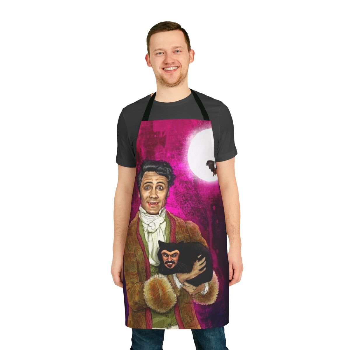 Stylish vampire-themed apron with "What We Do in the Shadows" inspired design
