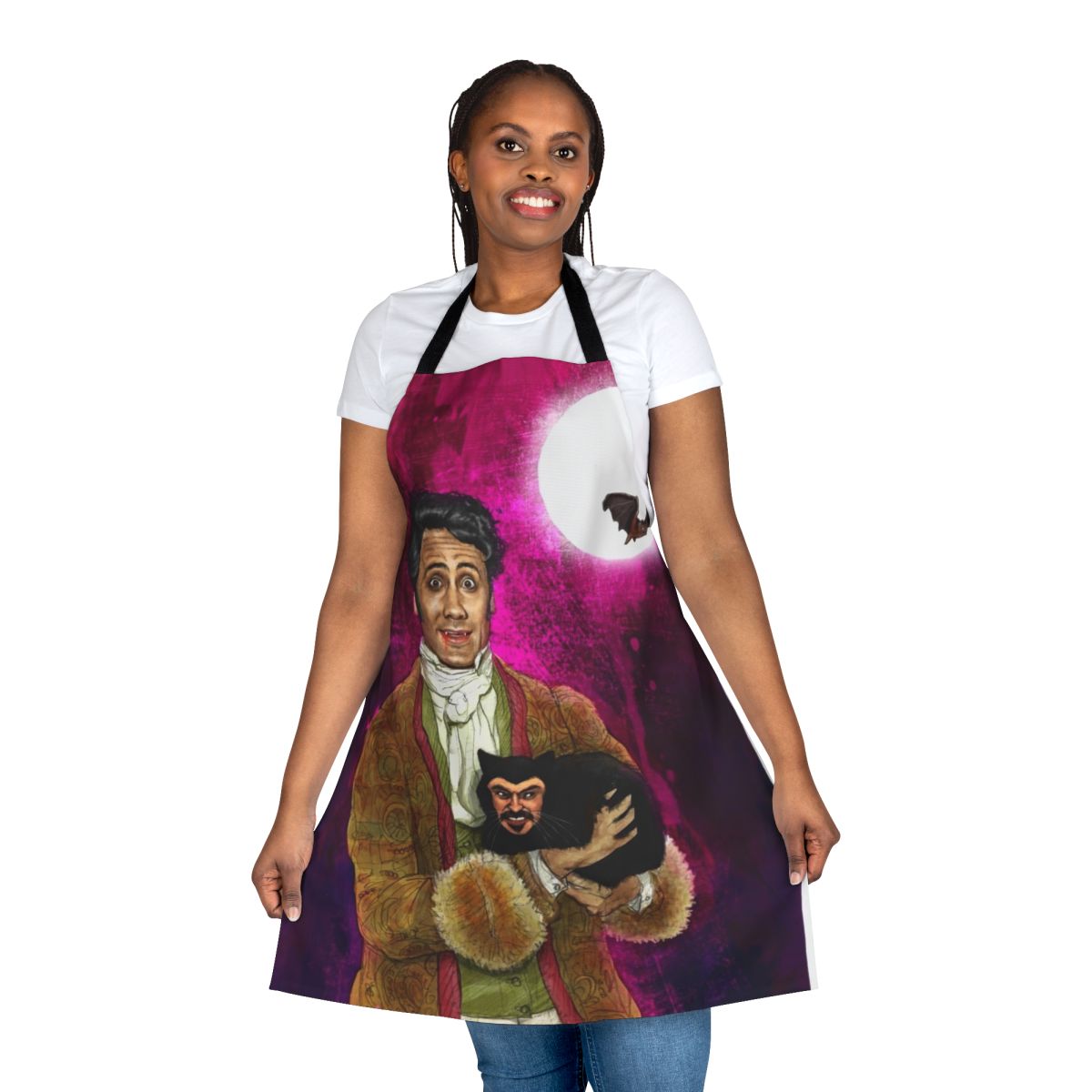 Stylish vampire-themed apron with "What We Do in the Shadows" inspired design