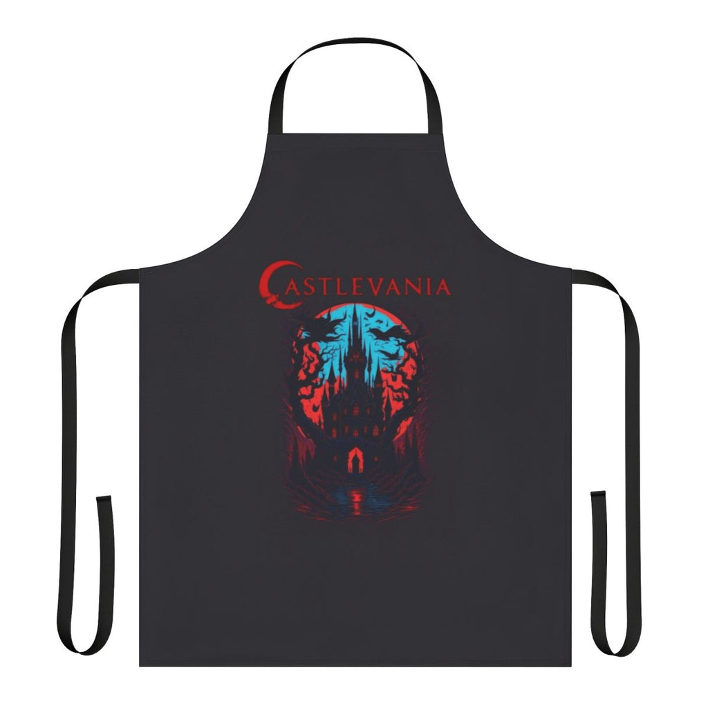 A high-quality apron featuring the iconic Castlevania imagery of Dracula's Castle, perfect for fans of the anime series.