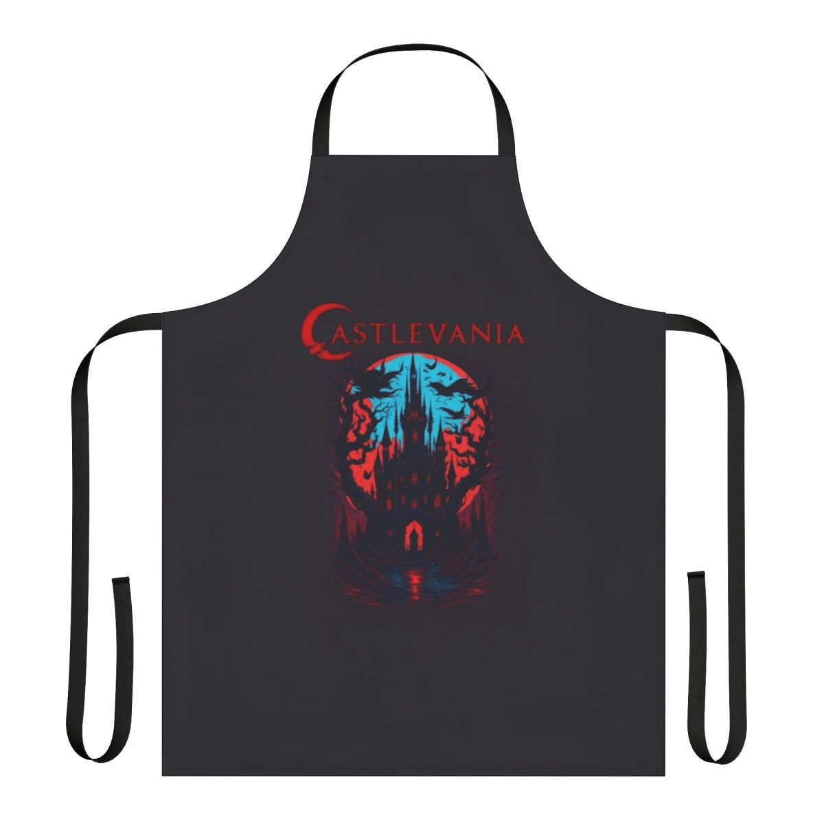 A high-quality apron featuring the iconic Castlevania imagery of Dracula's Castle, perfect for fans of the anime series.