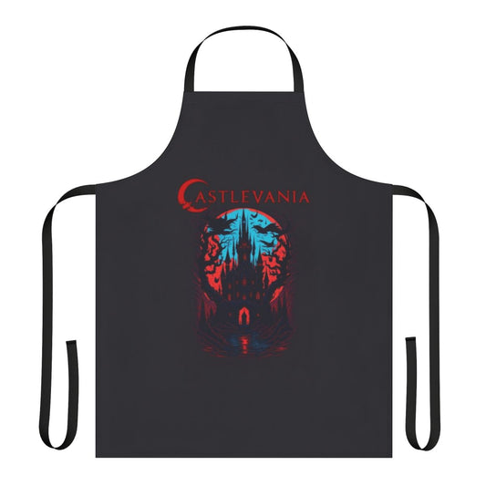 A high-quality apron featuring the iconic Castlevania imagery of Dracula's Castle, perfect for fans of the anime series.