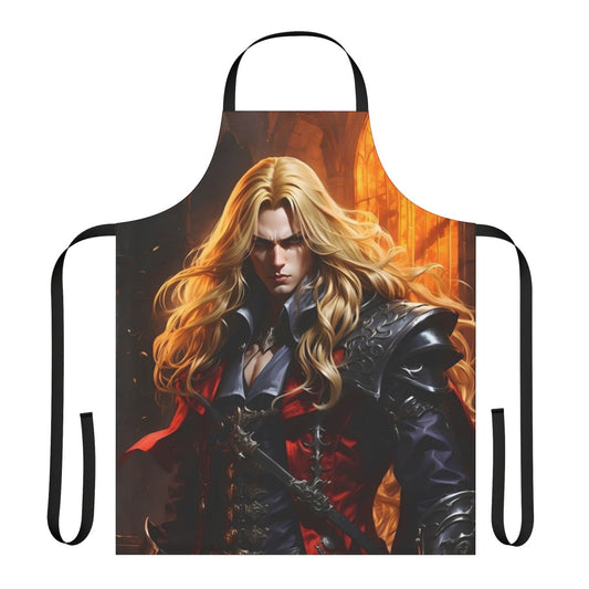 Illustration of a vampire warrior character from the Castlevania video game series on an apron