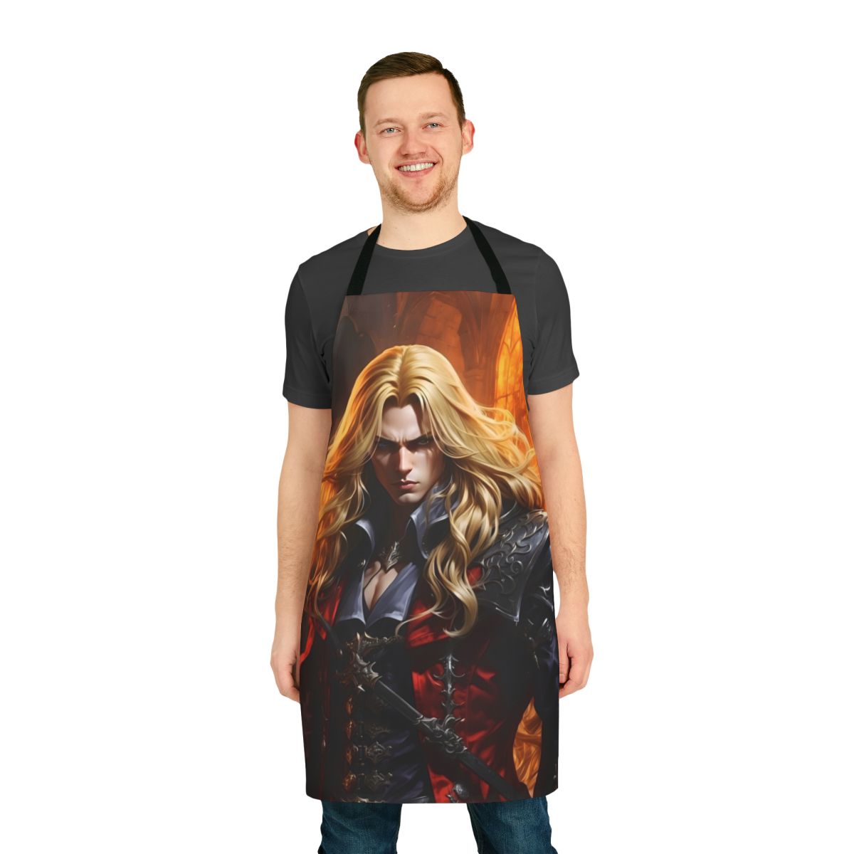 Illustration of a vampire warrior character from the Castlevania video game series on an apron