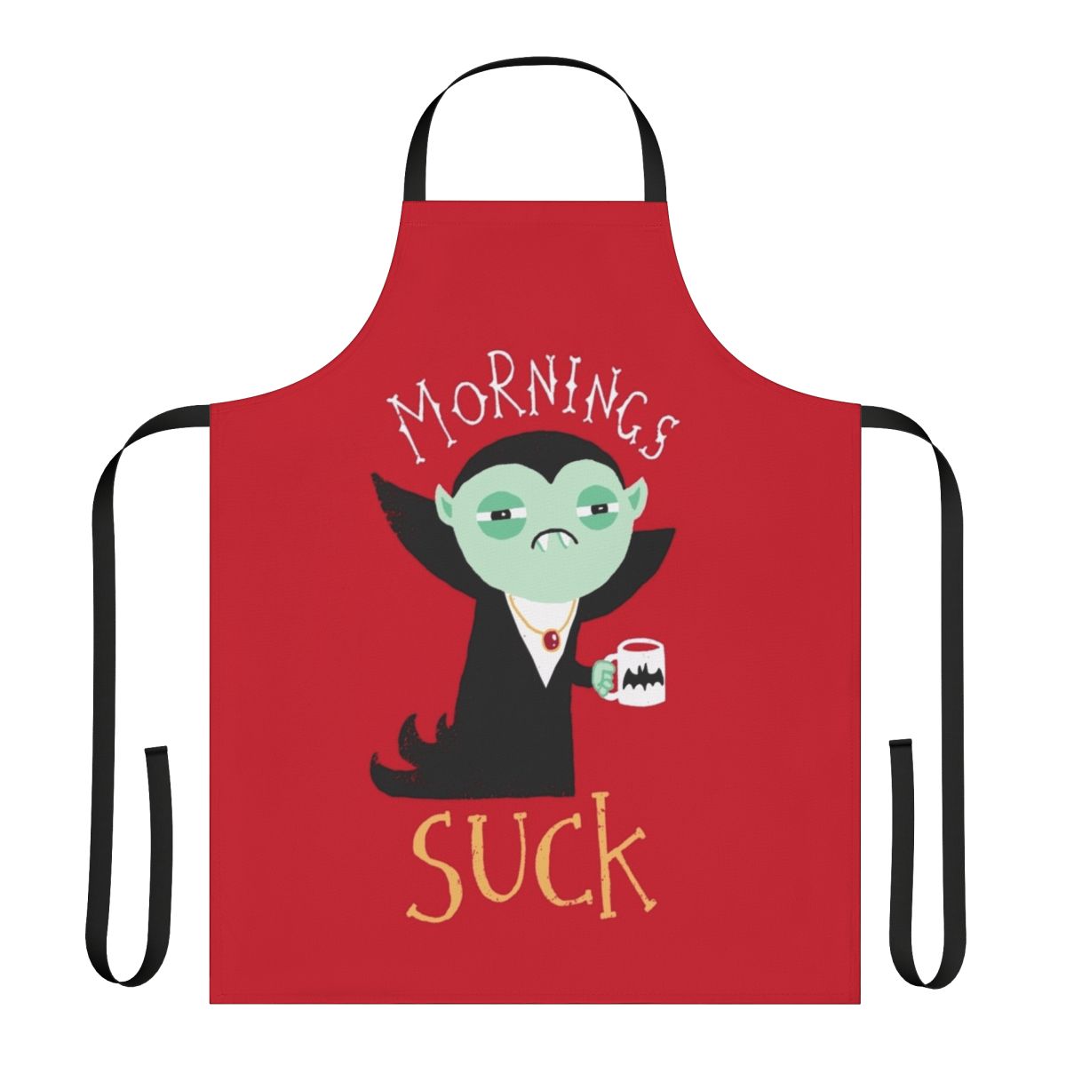Mornings Suck Apron with a vampire design by Dinomike
