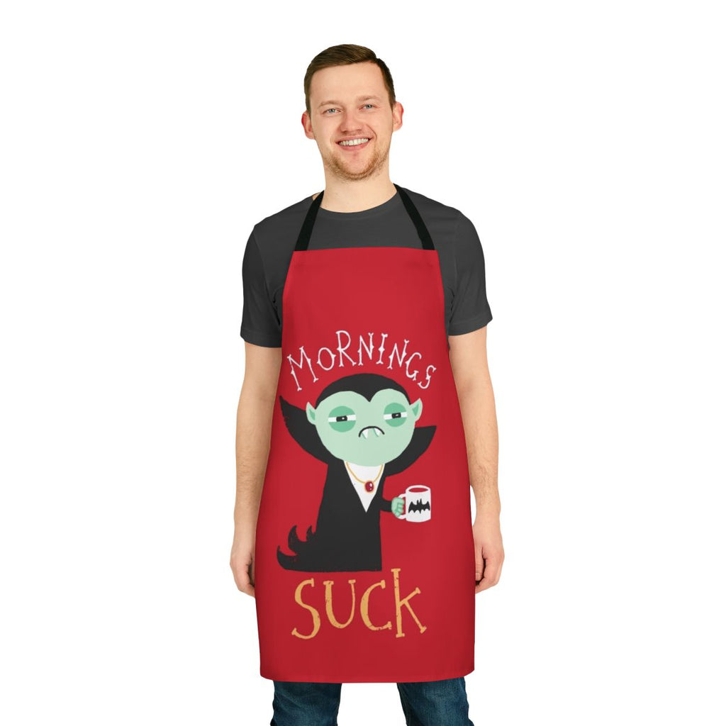 Mornings Suck Apron with a vampire design by Dinomike