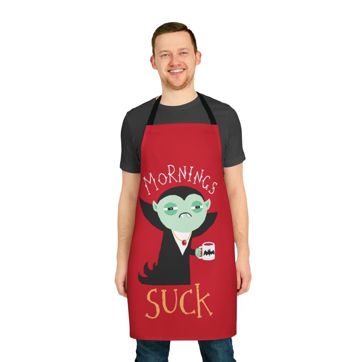Mornings Suck Apron with a vampire design by Dinomike