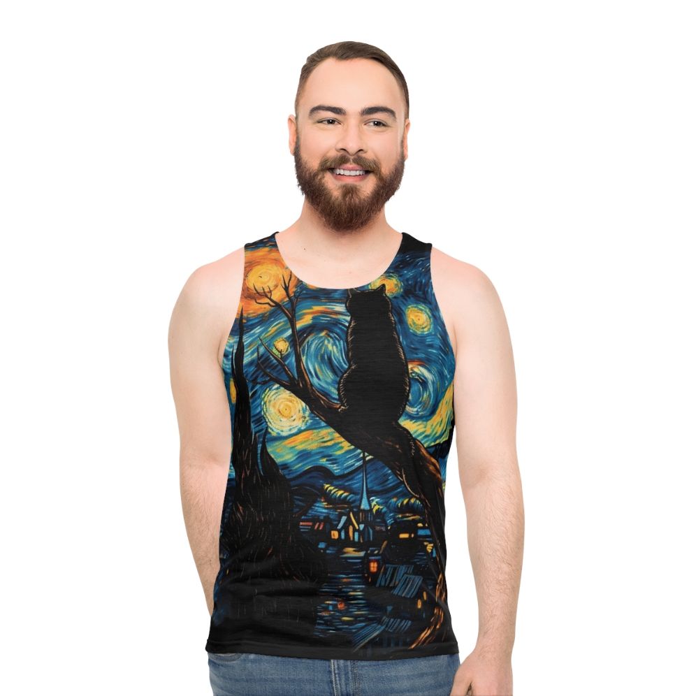 Unisex tank top featuring Van Gogh's Starry Night with a black cat