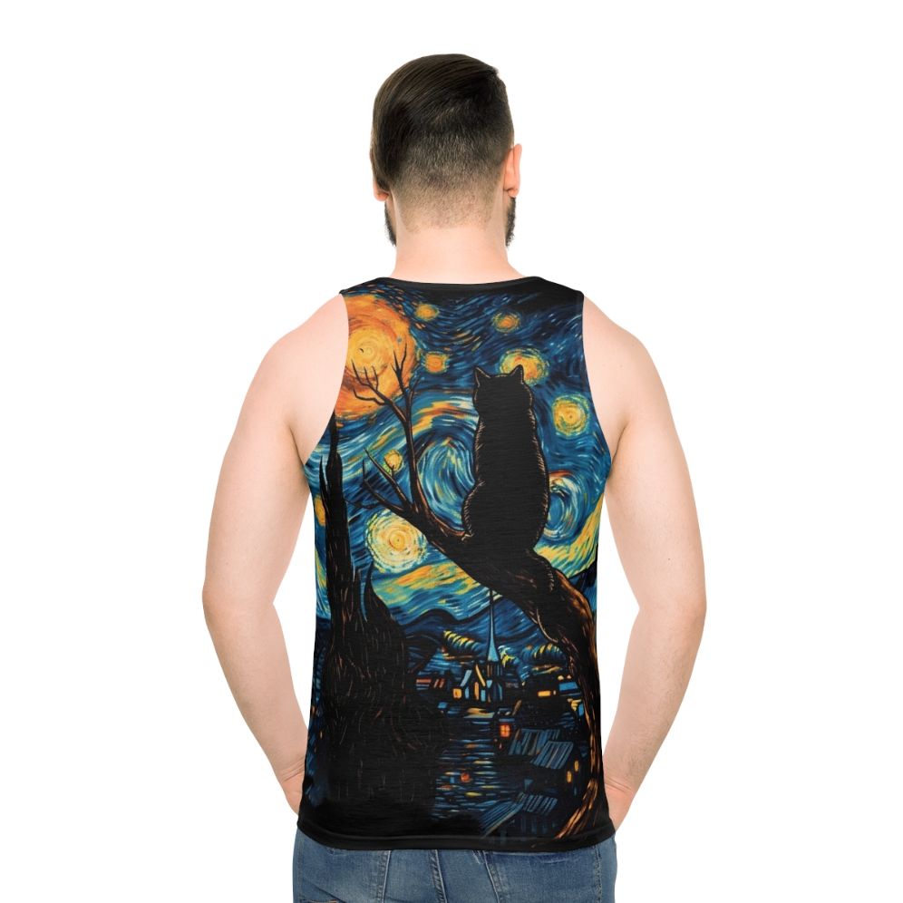 Unisex tank top featuring Van Gogh's Starry Night with a black cat