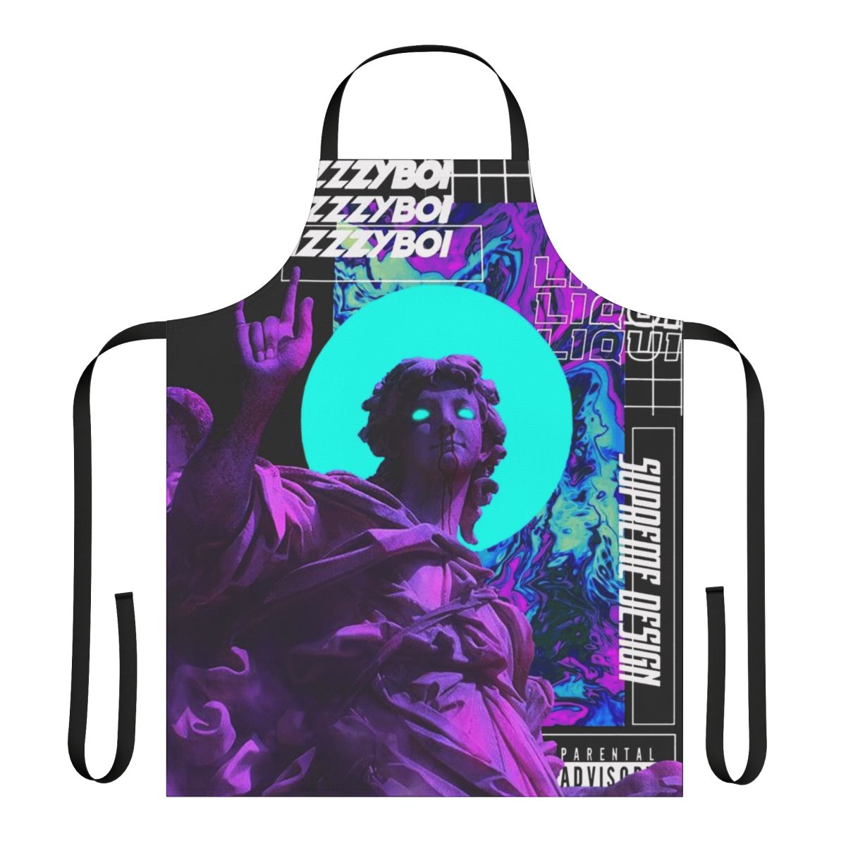 Vaporwave aesthetic cyberpunk-style apron with futuristic, minimalist design