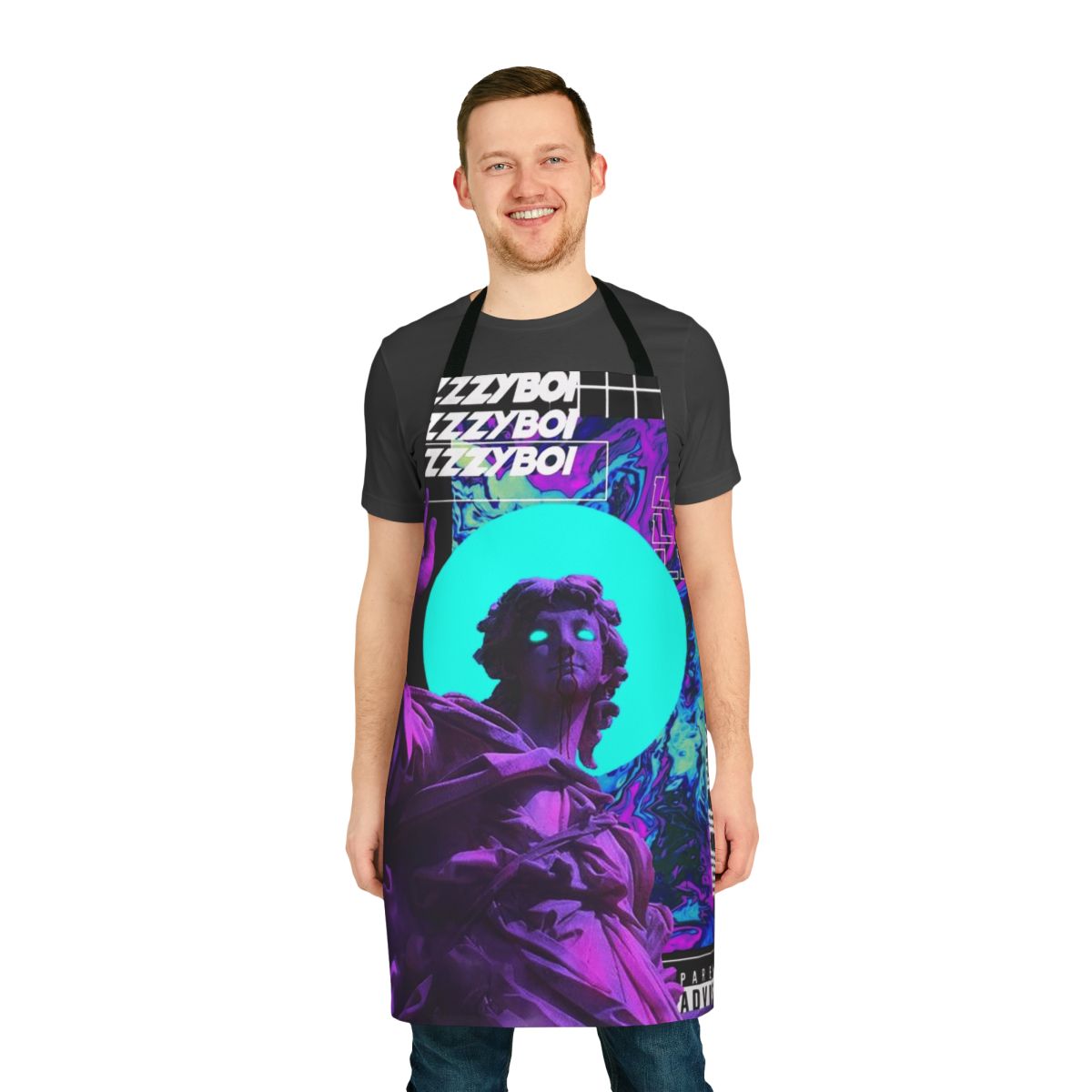 Vaporwave aesthetic cyberpunk-style apron with futuristic, minimalist design