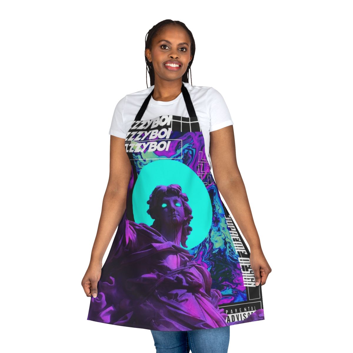 Vaporwave aesthetic cyberpunk-style apron with futuristic, minimalist design