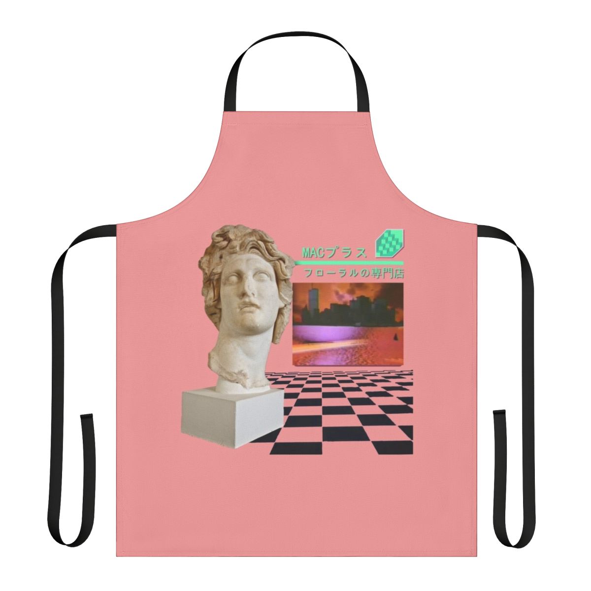 Vaporwave aesthetic floral print apron with Macintosh Plus design