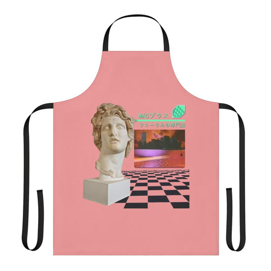 Vaporwave aesthetic floral print apron with Macintosh Plus design