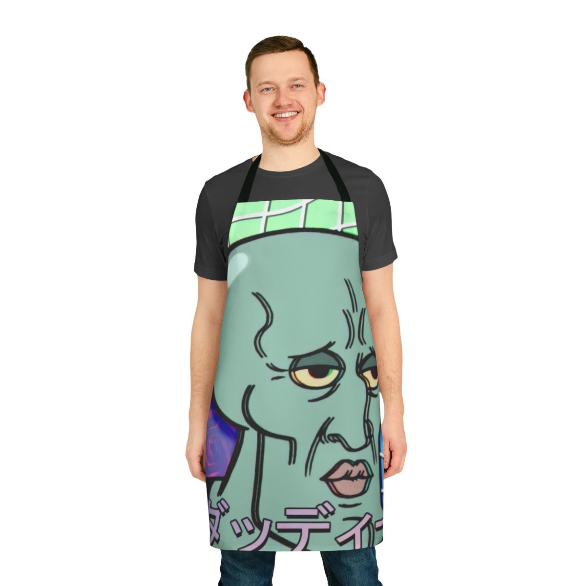 Handsome Squidward vaporwave aesthetic design on a high-quality apron