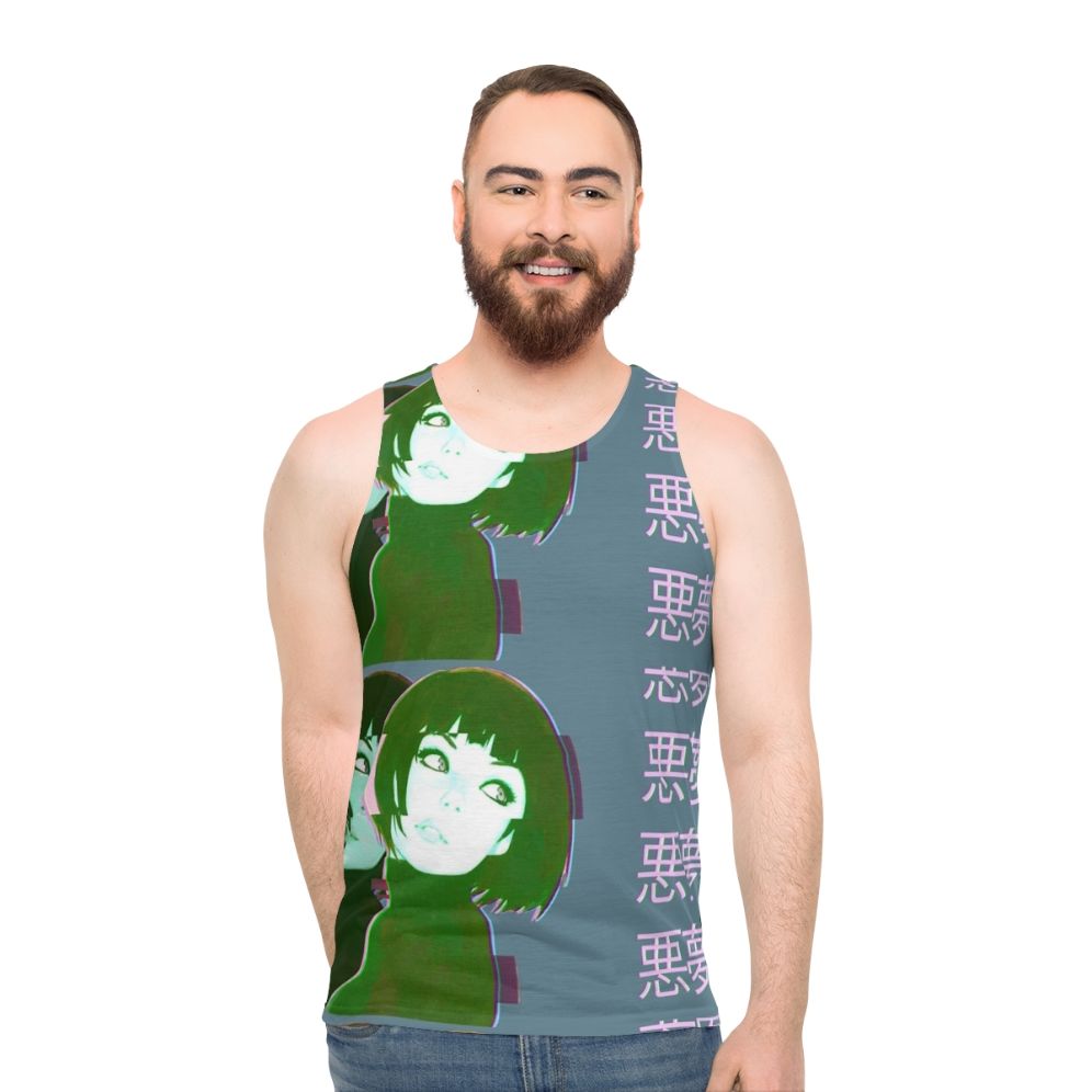 Vaporwave-inspired tank top with anime girl graphics